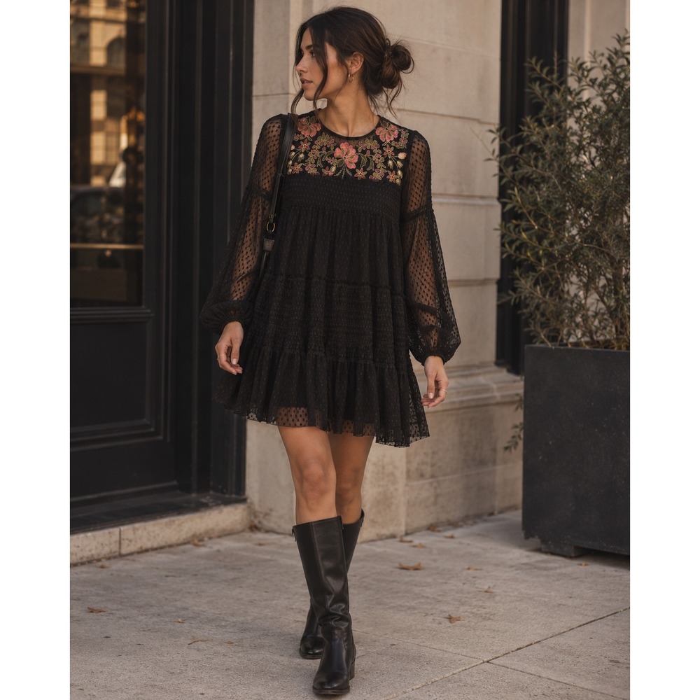 Maeve Anthropologie Samara Black Mesh Floral Embroidered Dress M